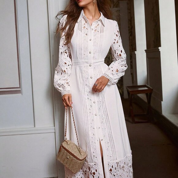 White Elegant Women's Lace Dress - Picture 5 of 7